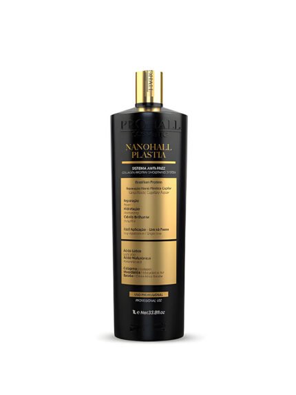 Brazilian nanoplastia smoothing treatment bottle for frizz control and shine in salons