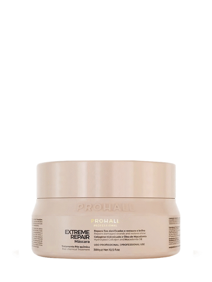 Cream-toned Prohall repair mask jar with gold lettering on a white background