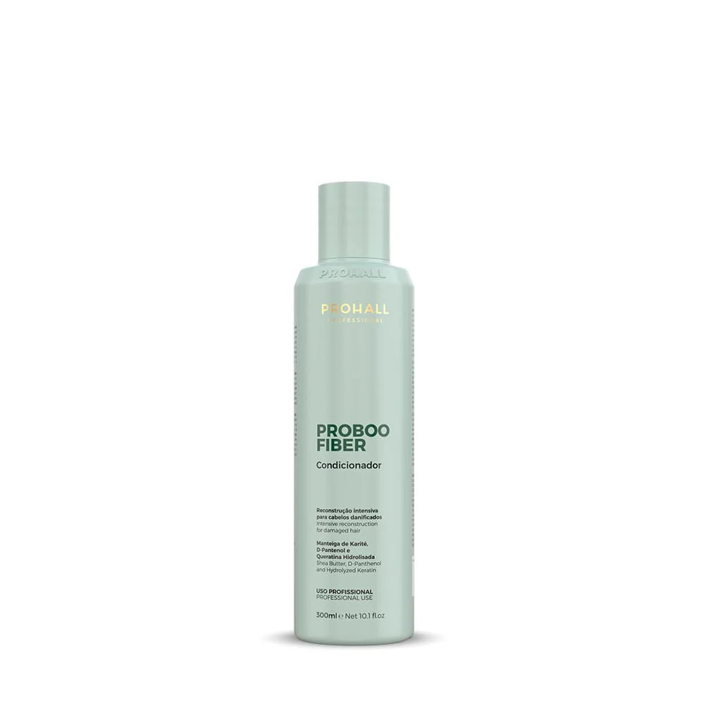 condicionador-de-reconstrucao-intensiva-proboo-fiber-300ml-530047 Sage-green reconstruction conditioner bottle by Prohall, 300 ml professional size