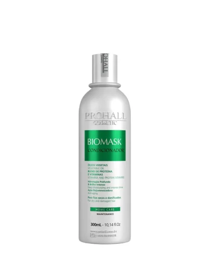 Flacon blanc de revitalisant Prohall 300 mL, étiquette Biomask verte, fabriqué au Brésil