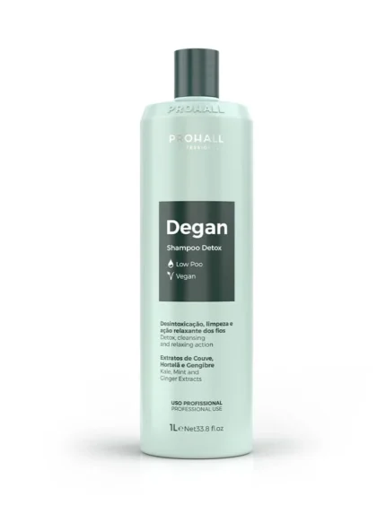 Teal bottle of Prohall Degan detox shampoo with kale, mint, and ginger