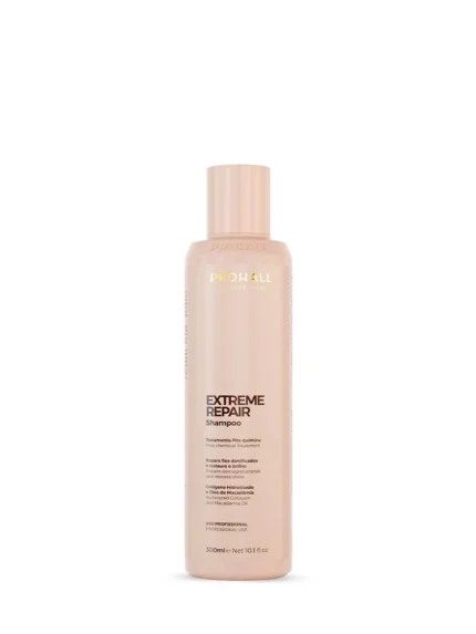 Flacon nude de shampooing Prohall Extreme Repair de 300 ml sur fond blanc