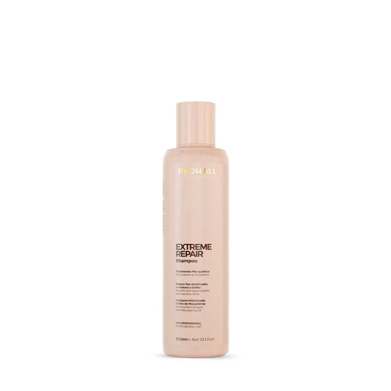 Flacon nude de shampooing Prohall Extreme Repair de 300 ml sur fond blanc
